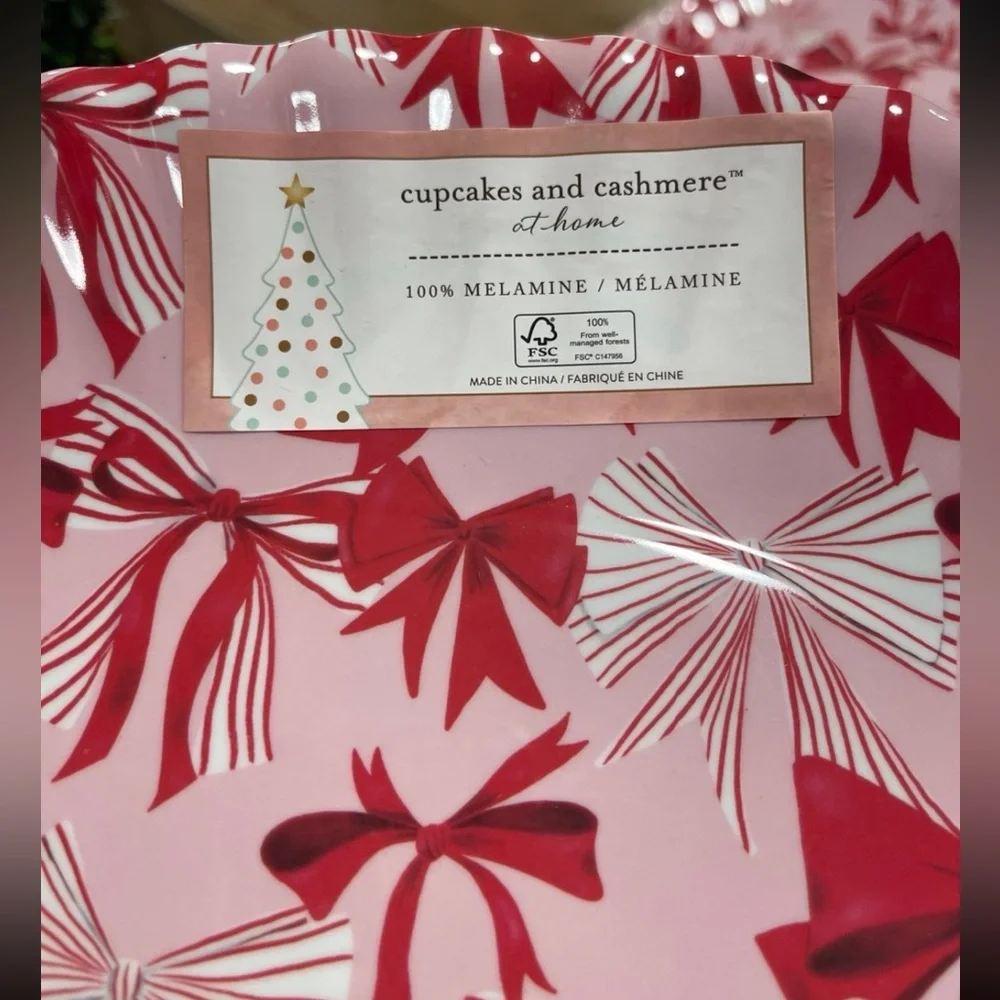 Cupcakes & Cashmere Christmas Red & Pink Bow Coquette Melamine Serving Tray NWT